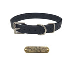 3/4" dog collars. Fits up to 25" necks, trim to fit. D/Square rings for leash/tags. Free brass name plate. Double Buckle Granite Black.
