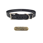 3/4" dog collars. Fits up to 25" necks, trim to fit. D/Square rings for leash/tags. Free brass name plate. Double Buckle Black