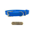 3/4" dog collars. Fits up to 25" necks, trim to fit. D/Square rings for leash/tags. Free brass name plate. Double Buckle blue.