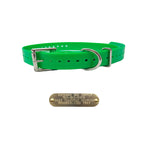 3/4" dog collars. Fits up to 25" necks, trim to fit. D/Square rings for leash/tags. Free brass name plate. Double Buckle Green.