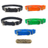 3/4" dog collars. Fits up to 25" necks, trim to fit. D/Square rings for leash/tags. Double buckle. Free brass name plate. Multiple colors