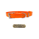3/4" dog collars. Fits up to 25" necks, trim to fit. D/Square rings for leash/tags. Free brass name plate. Double Buckle Orange
