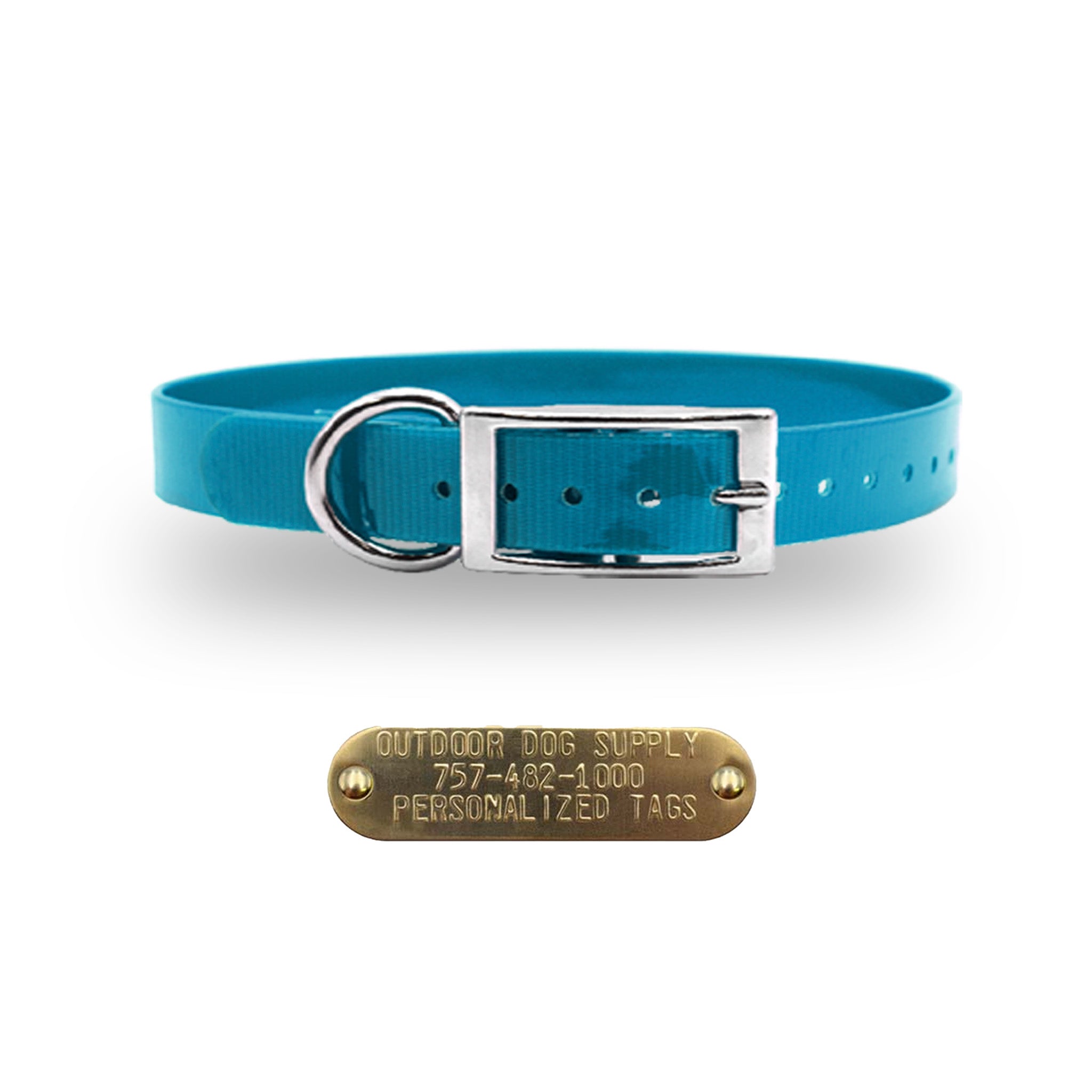 Teal 3/4-inch waterproof dog collar with D-ring and free brass nameplate, durable, odor-resistant, and handmade in the USA.