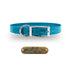 Teal 3/4-inch waterproof dog collar with D-ring and free brass nameplate, durable, odor-resistant, and handmade in the USA.