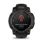 Instinct 3x OLED Black Face with Black Band front facing showing work stats