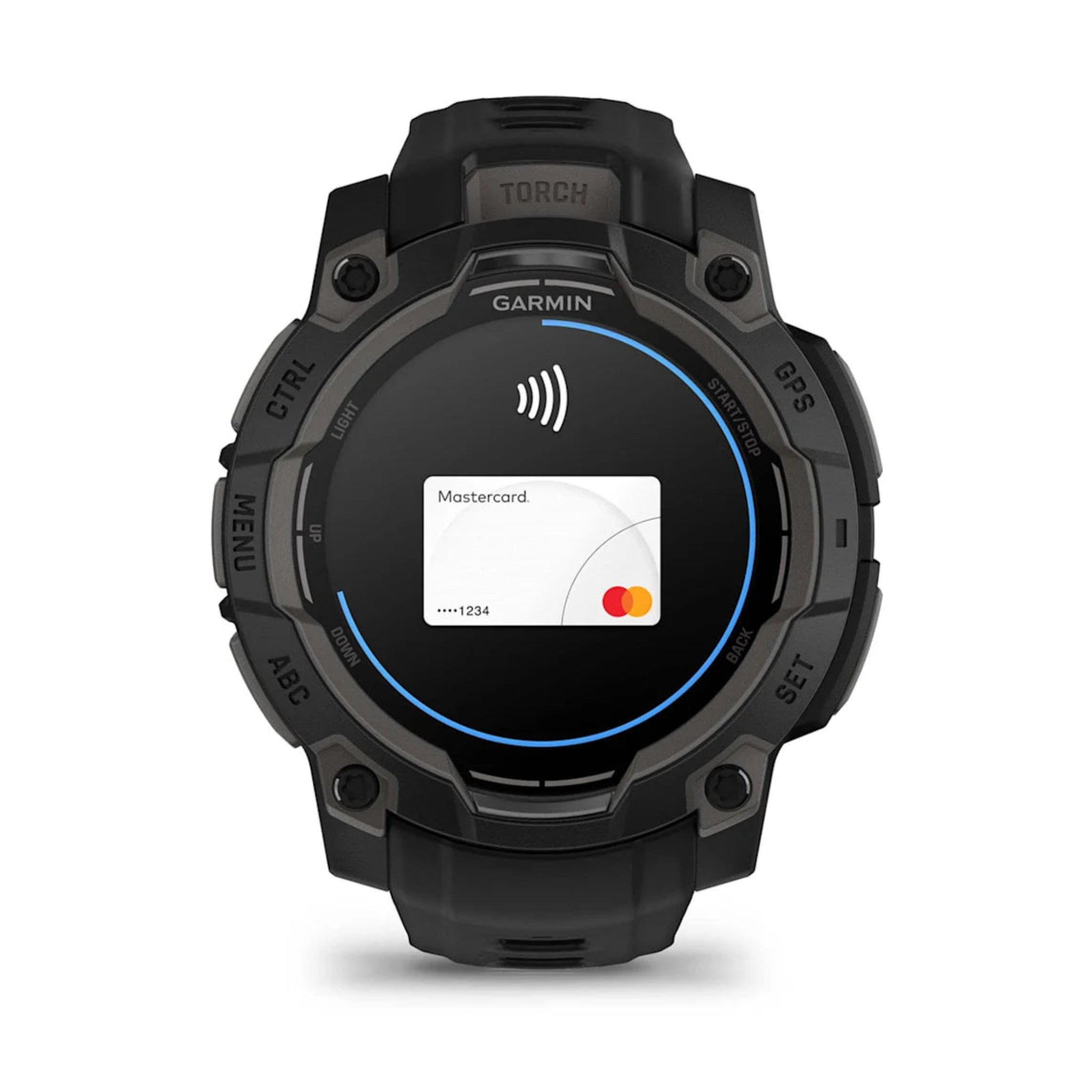 Instinct 3x OLED Black Face with Black Band front facing credit card tap