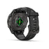 Garmin Fenix 8 43 MM Sapphire Carbon Gra DLC Titanium with Black Pebble Gray Silicone Band rear facing showing charging port