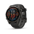 Garmin Fenix 8 43 MM Sapphire Carbon Gra DLC Titanium with Black Pebble Gray Silicone Band front facing showing menu and time