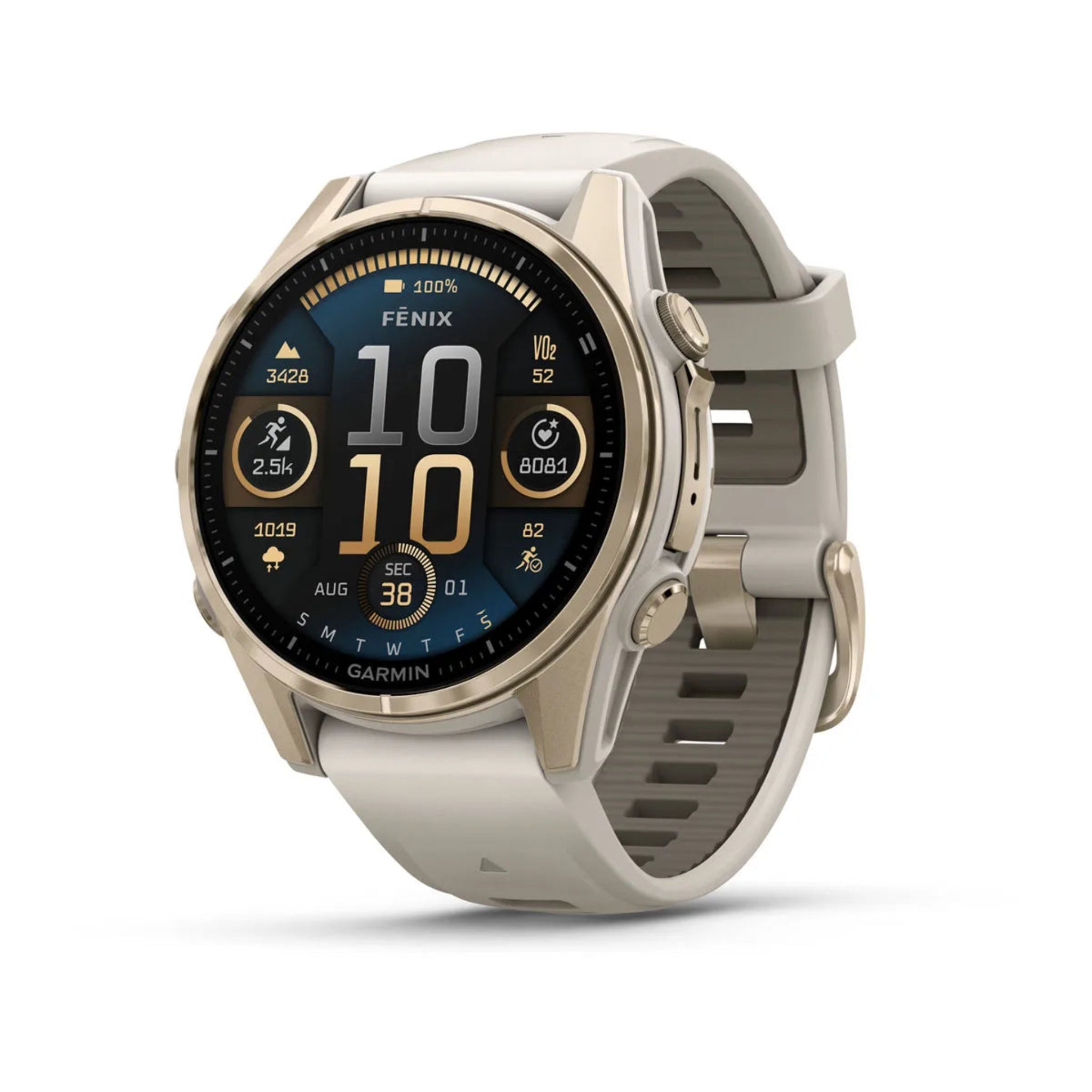 Garmin Fenix 8 Watch Sapphire Soft Gold with Fog Gray Dark Sandstone Silicone Band front facing showing menu screen and time