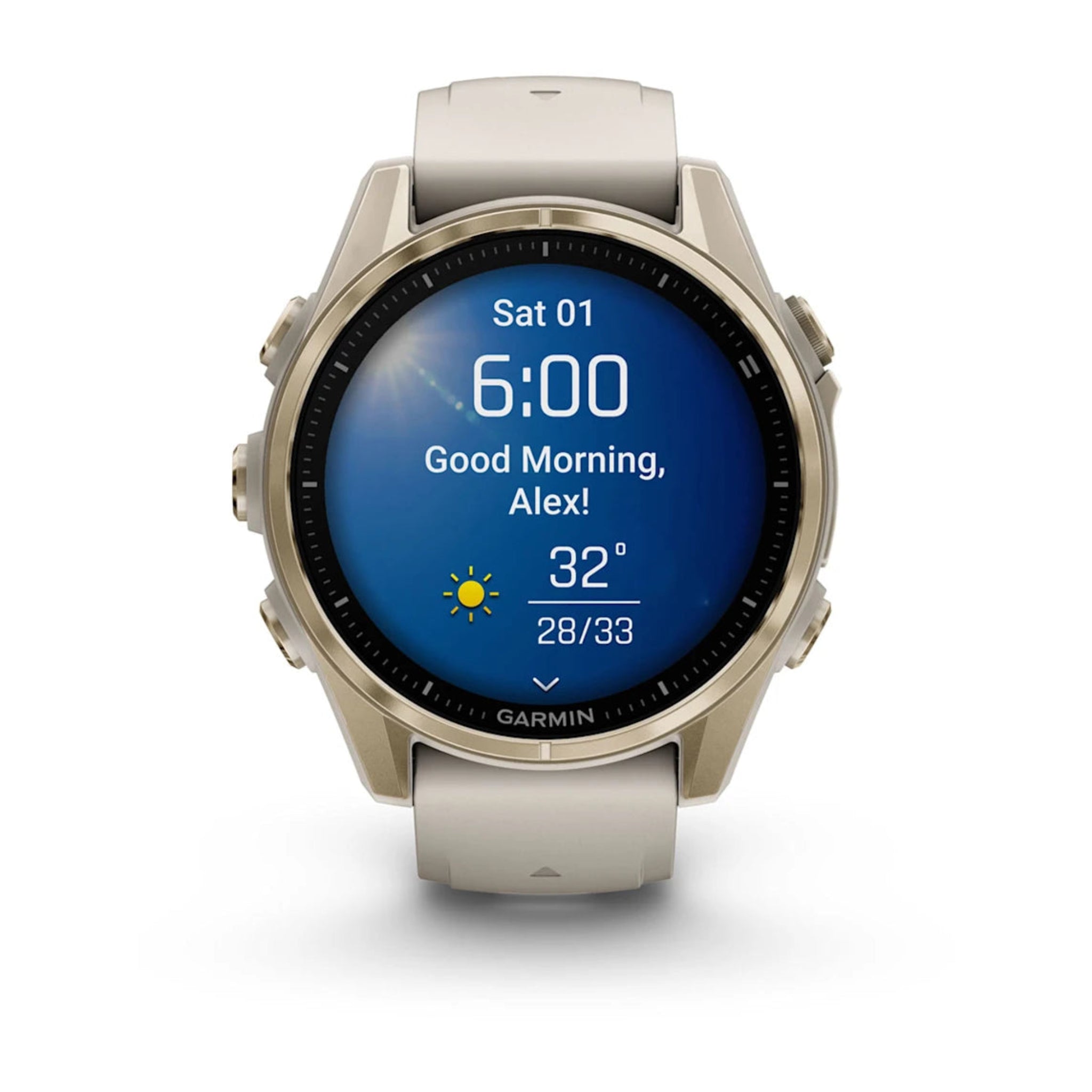 Garmin Fenix 8 Watch Sapphire Soft Gold with Fog Gray Dark Sandstone Silicone Band front facing showing weather