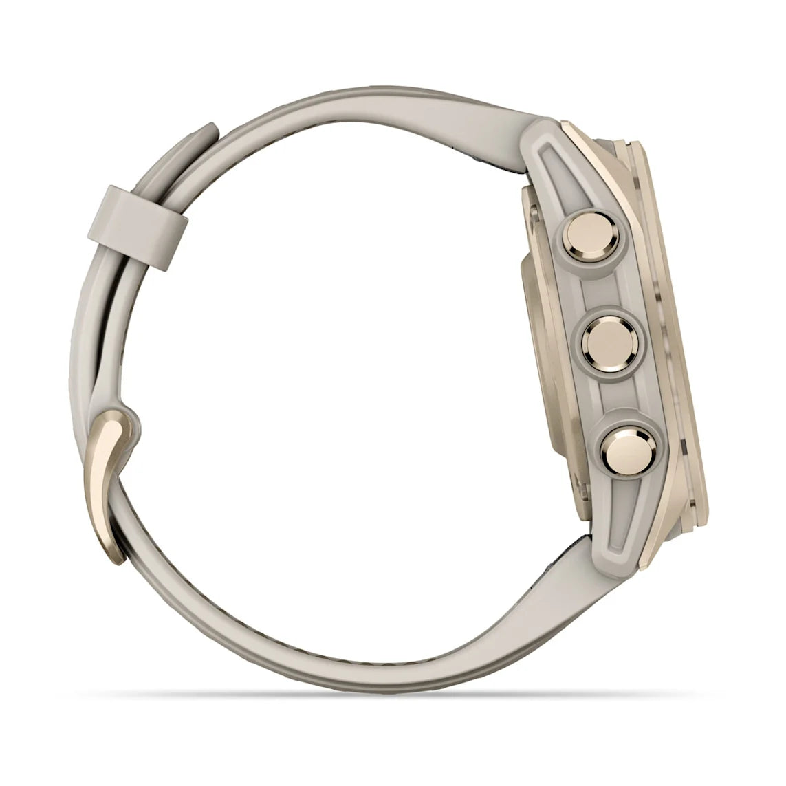 Garmin Fenix 8 Watch Sapphire Soft Gold with Fog Gray Dark Sandstone Silicone Band side facing showing control buttons