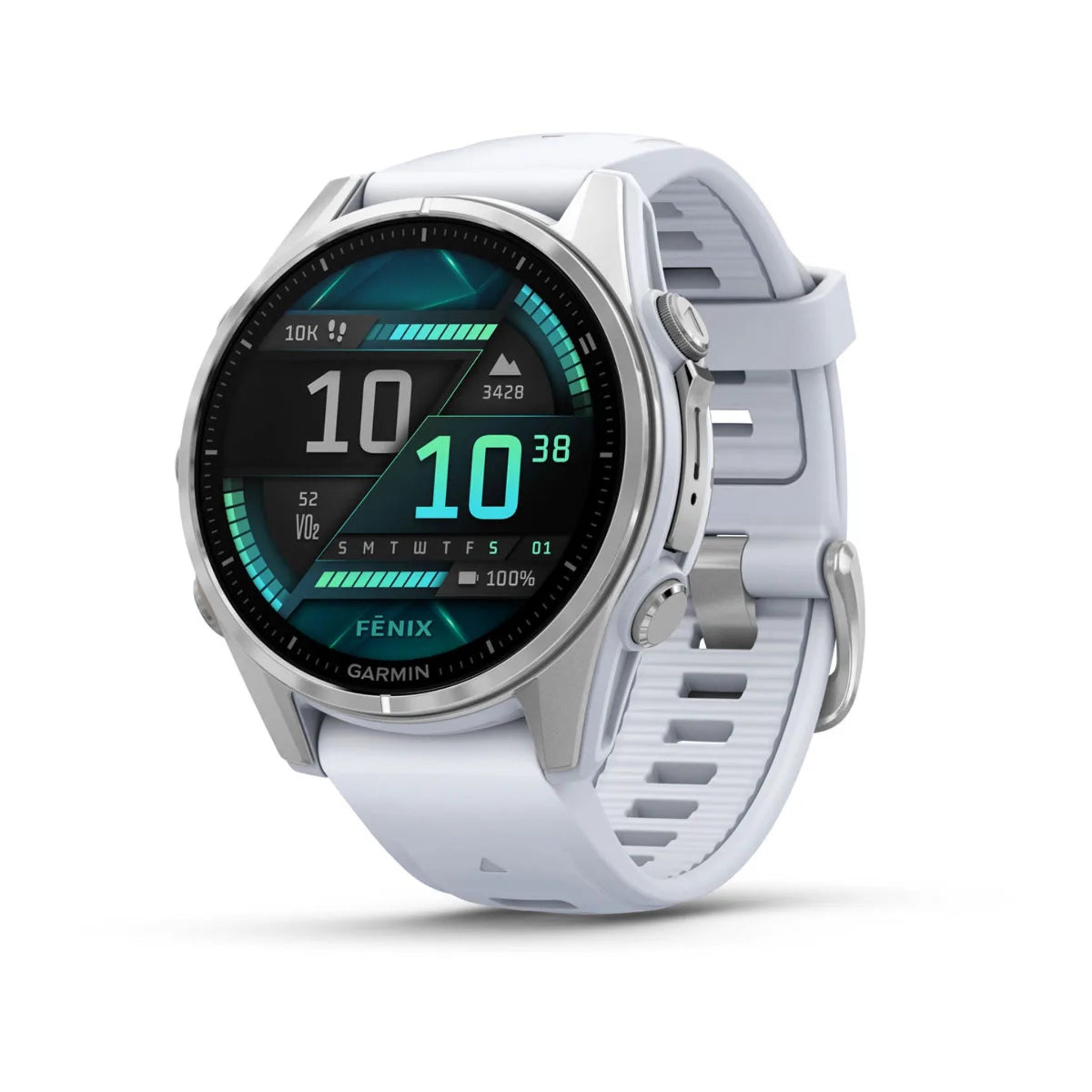 Garmin Fenix 8 Watch Sapphire Silver with Fog Gray Dark Sandstone Silicone Band with menu with menu and time