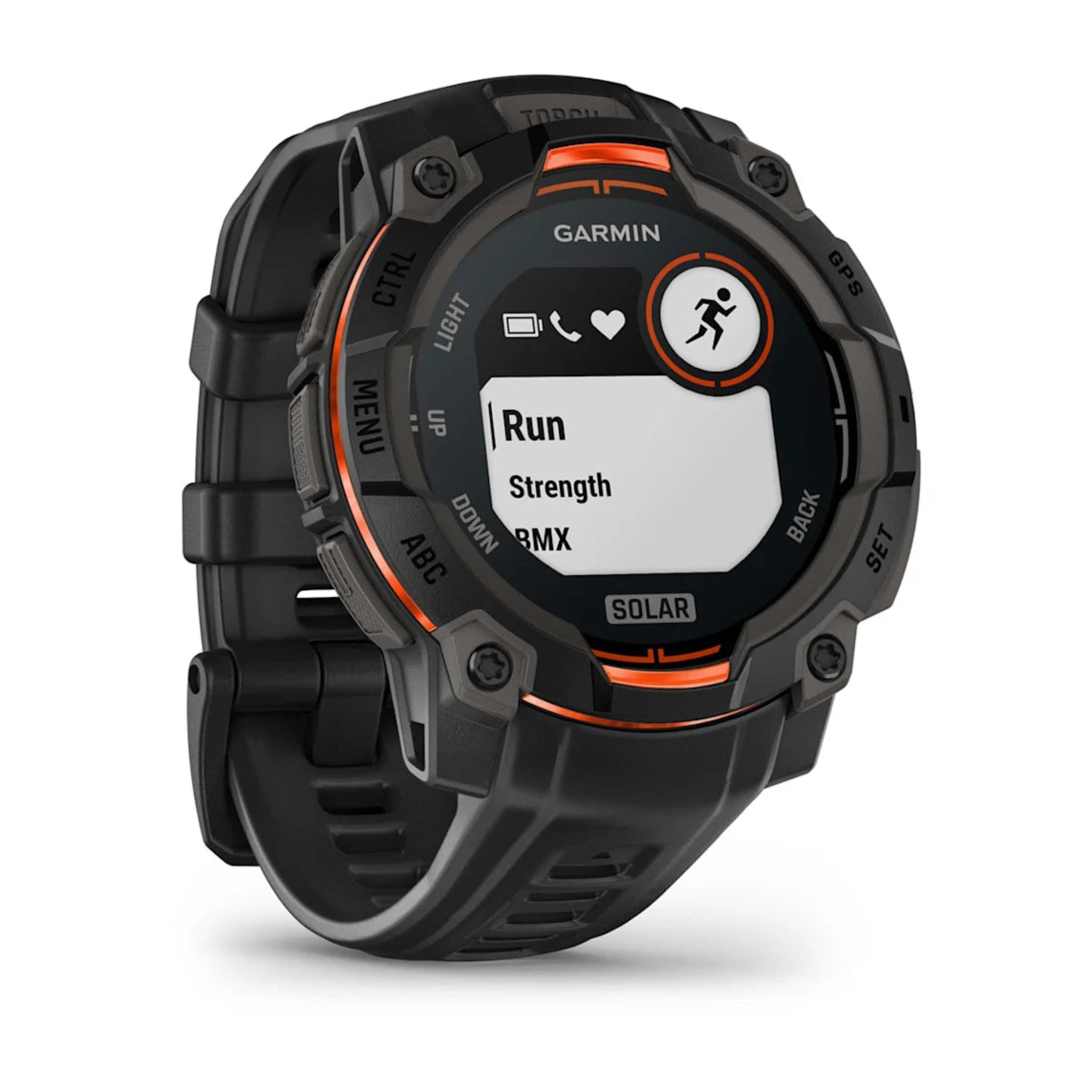 Garmin Instinct 3 Solar Watch Black Face and Black Band front view with workout options