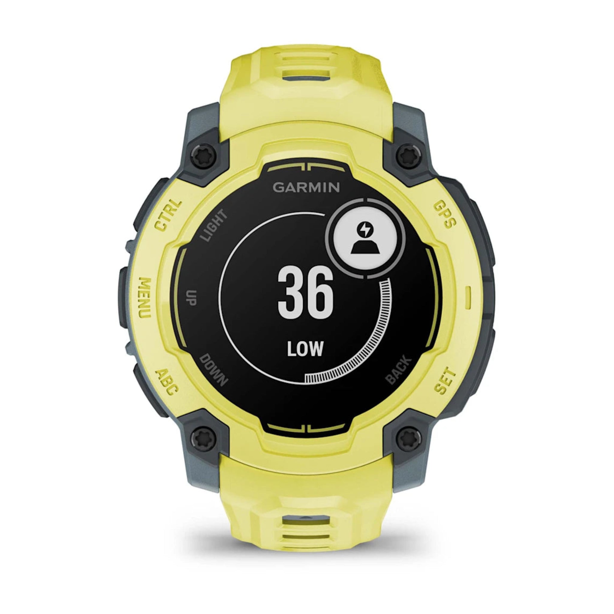 Garmin Instinct E Electric Lime Face with Electric Lime Band Front Facing Showing health information