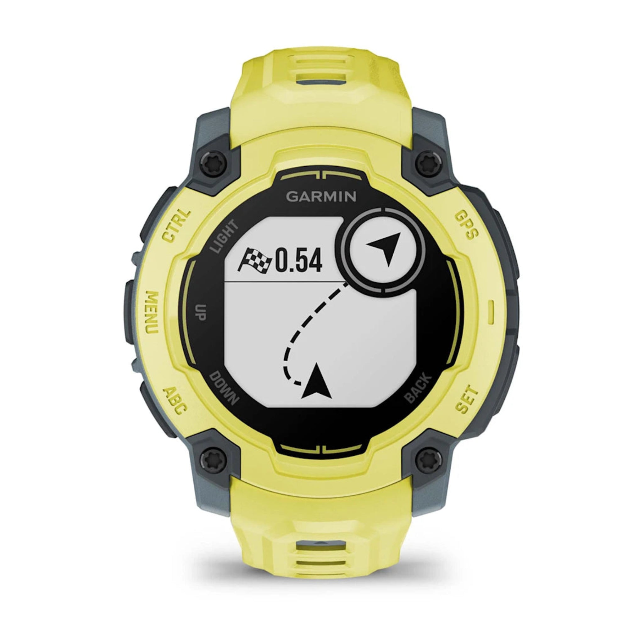 Garmin Instinct 3 Electric Lime with Electric Lime Band Front Facing Showing Directions