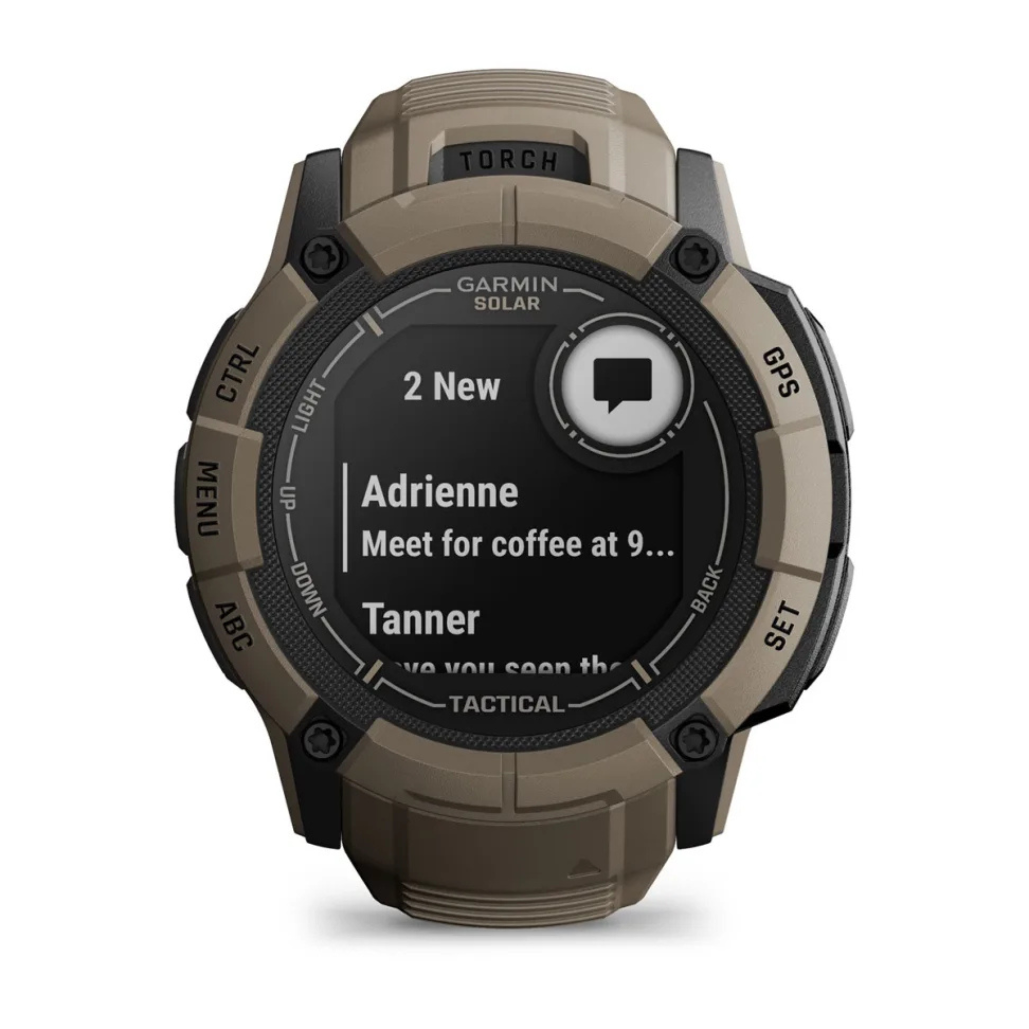 Garmin Instinct 2X Solar - Tactical Coyote Tan: Rugged GPS smartwatch with solar charging, built for outdoor adventures and military-grade durability. Message watch face.
