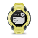 Garmin Instinct E Electric Lime Face with Electric Lime Band Front Facing Showing workout options