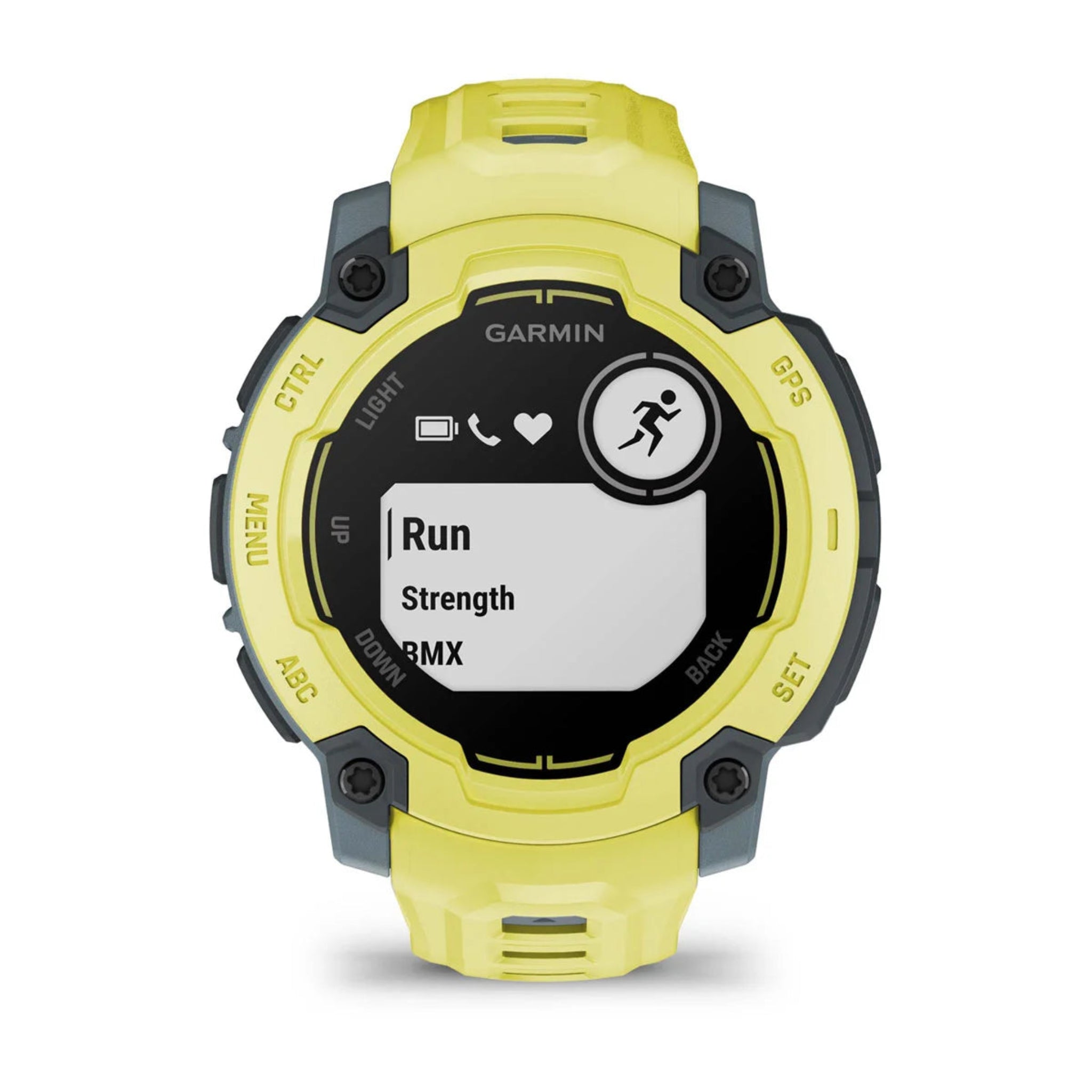 Garmin Instinct E Electric Lime Face with Electric Lime Band Front Facing Showing Workout Options