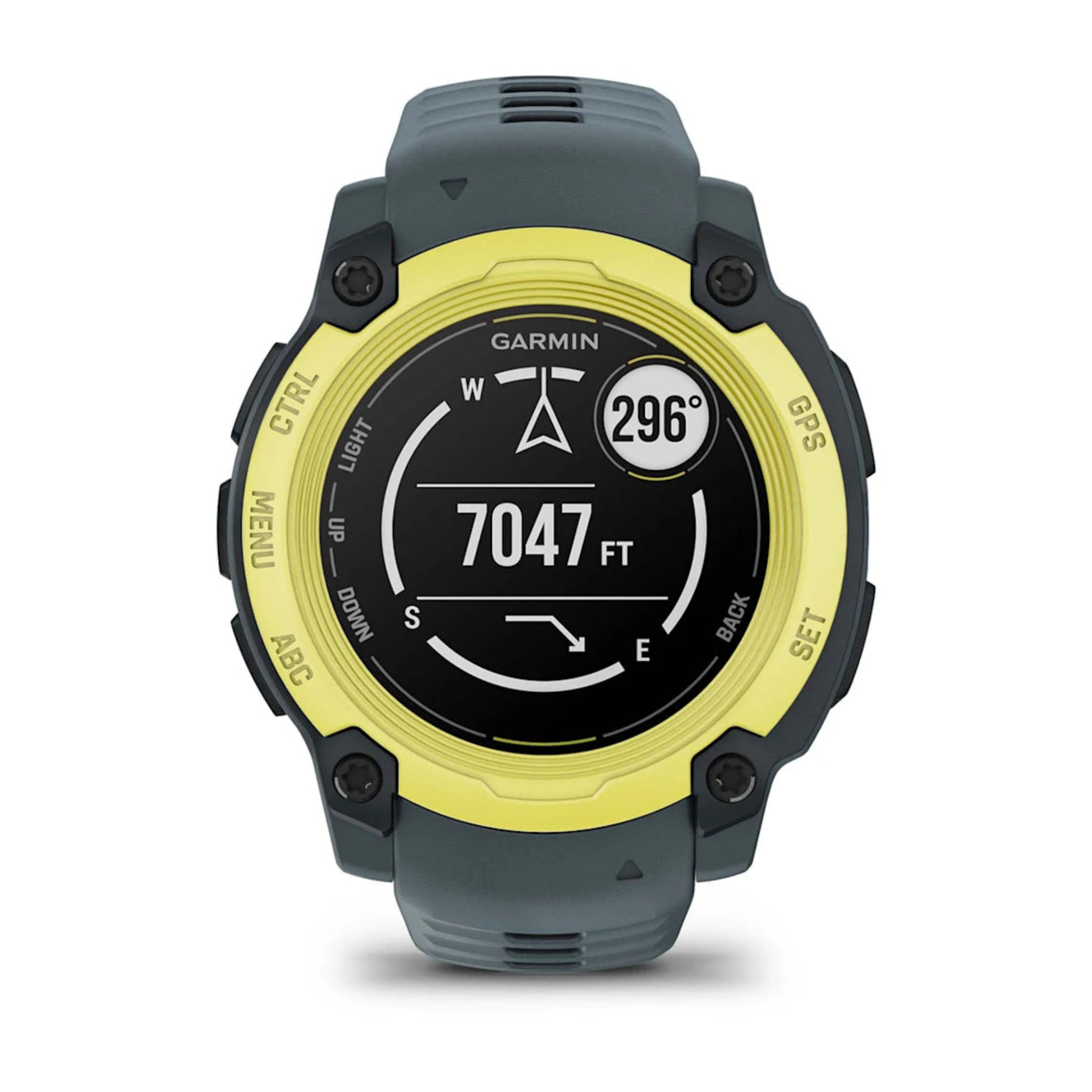 Garmin Instinct E small face Electric Lime Face with Twilight Band Front Facing elevation information