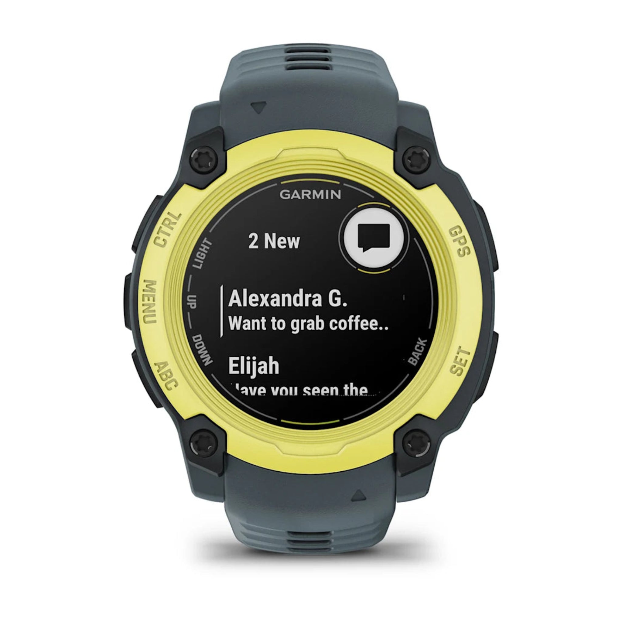 Garmin Instinct E small face Electric Lime Face with Twilight Band Front Facing showing text message notifications