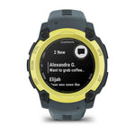 Garmin Instinct E small face Electric Lime Face with Twilight Band Front Facing showing text message notifications