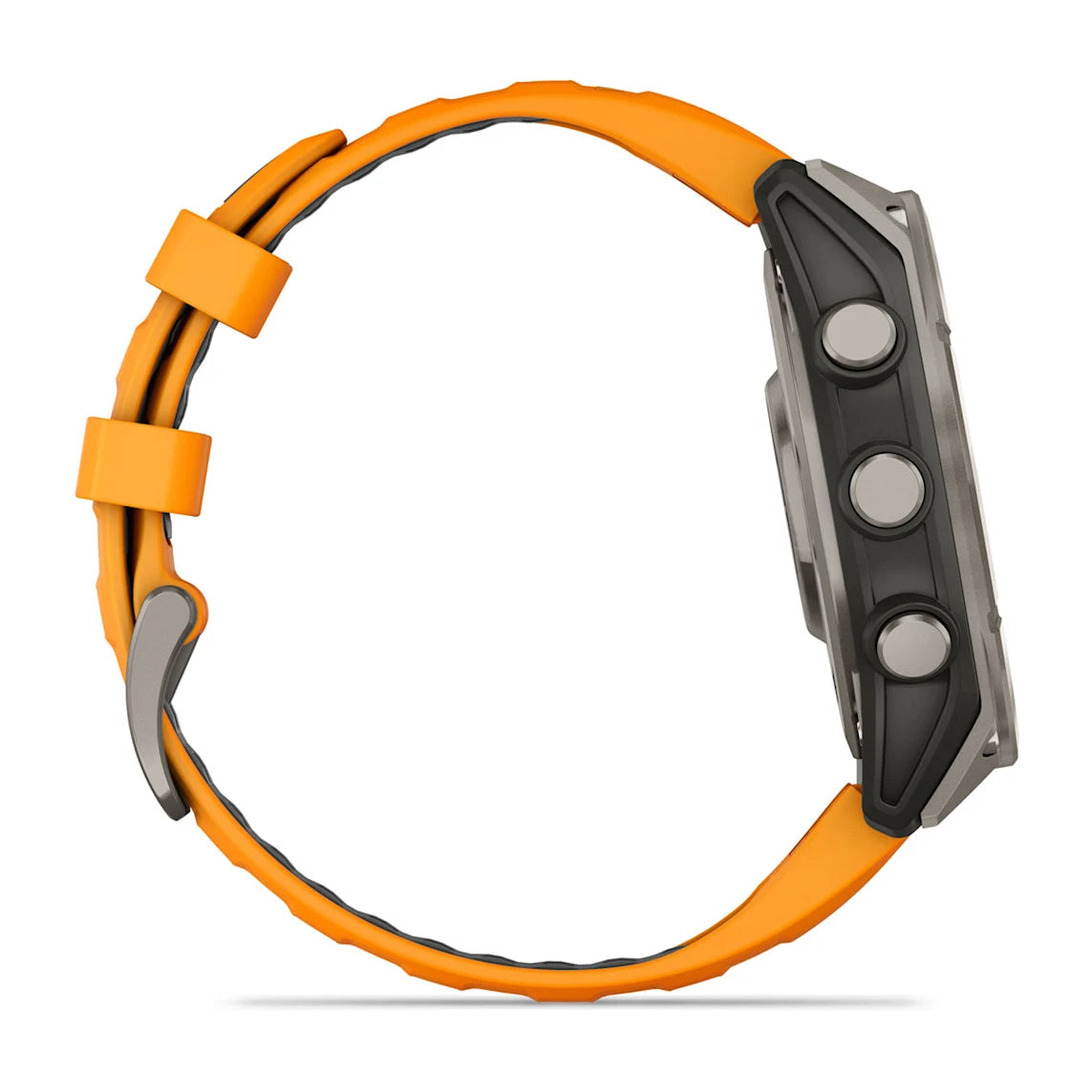 Sapphire Titanium Face with Spark Orange Graphite Silicone Band side facing showing control buttons