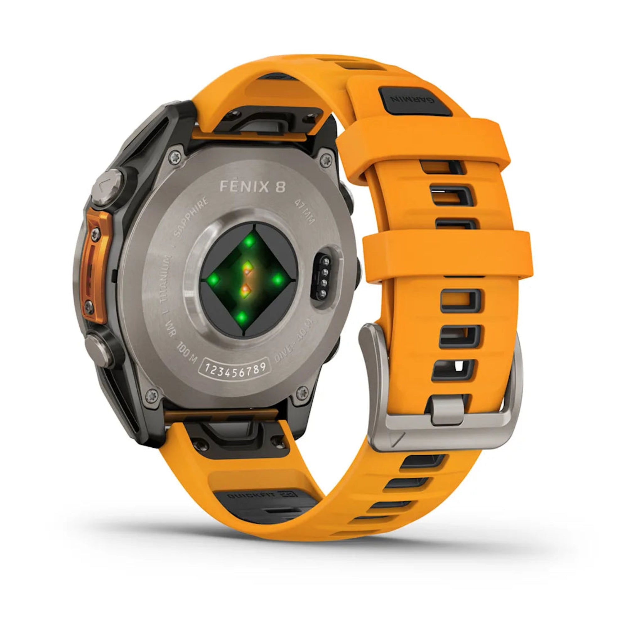 Sapphire Titanium Face with Spark Orange Graphite Silicone Band rear facing showing charging station 
