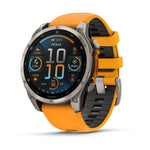 Sapphire Titanium Face with Spark Orange Graphite Silicone Band front facing showing menu screen with time, steps, and weather information 