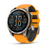 Sapphire Titanium Face with Spark Orange Graphite Silicone Band front facing showing menu screen with time, steps, and weather information 