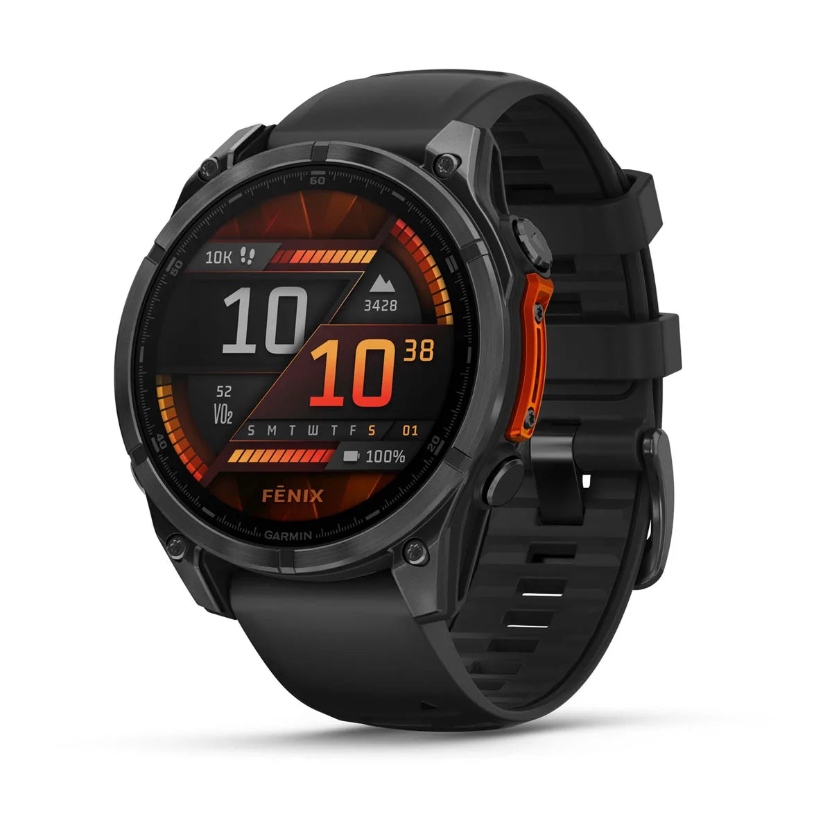 Garmin Fenix 8 Watch Slate Gray with Black Silicone Band front facing showing menu and time