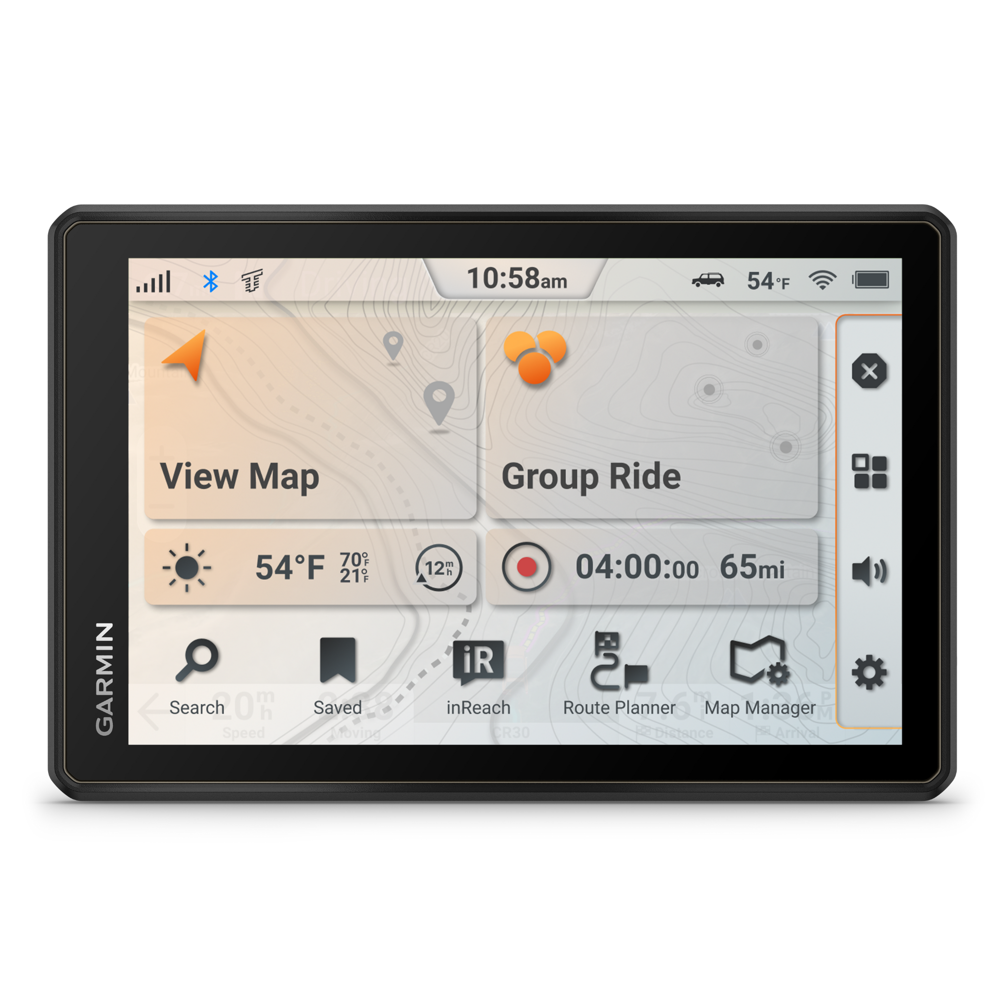 Garmin Tread 2- 8" device front facing showing the menu screen with app options