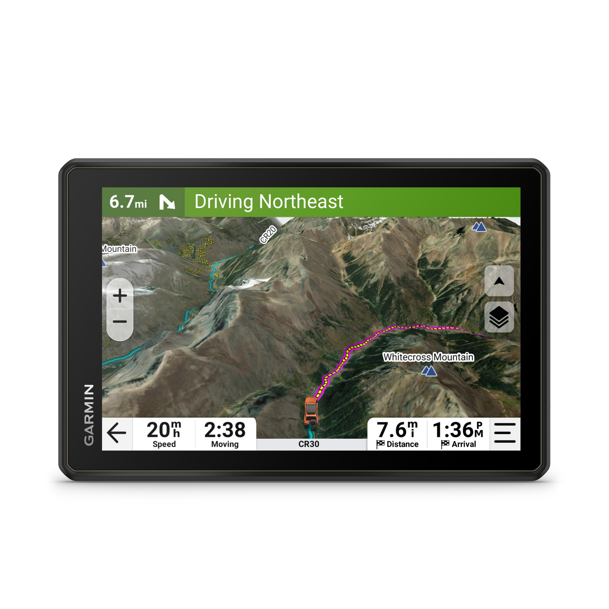 Garmin Tread 2- 8" showing birdseye view  and mapping route in the mountains