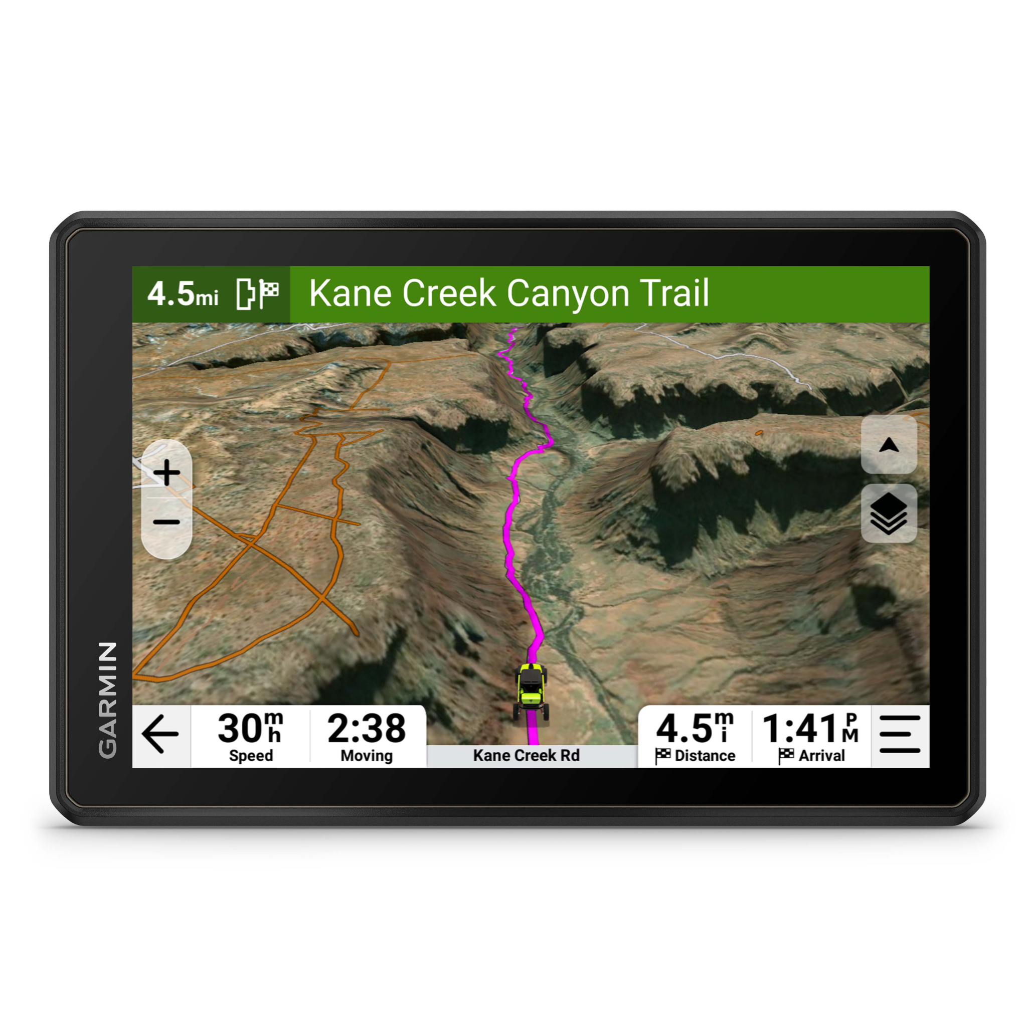 Garmin Tread 2- 8" front facing screen showing mapping route through the mount