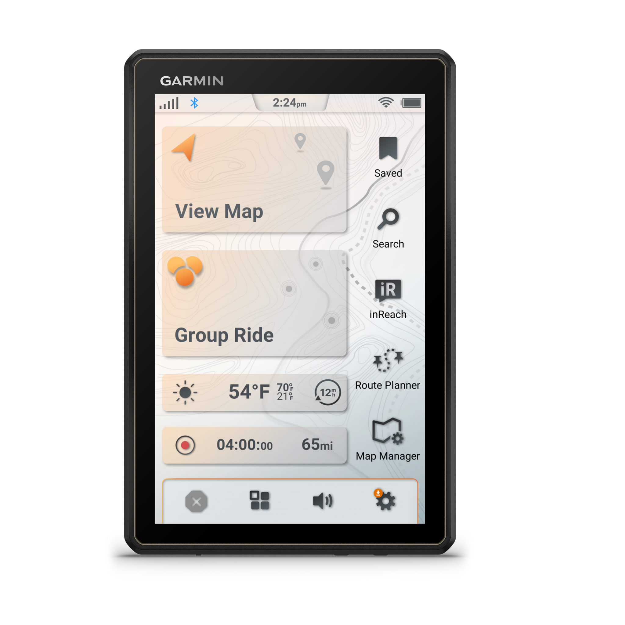 Garmin Tread 2- 8" front facing screen in vertical position showing home screen with apps 