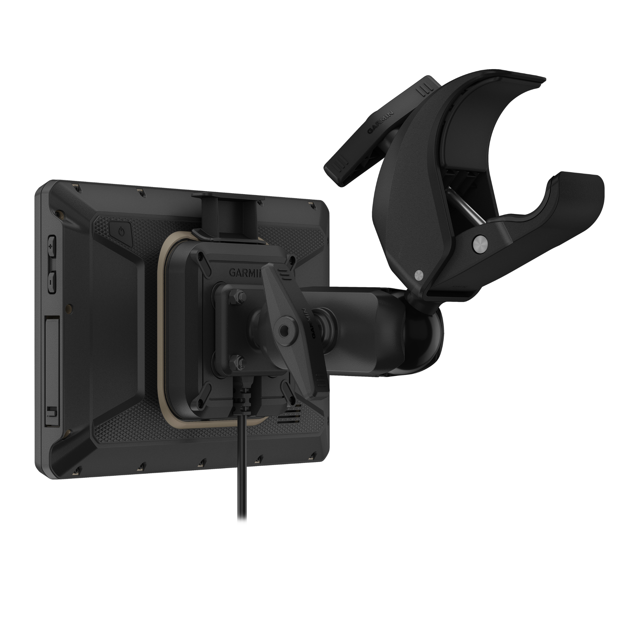 Garmin Tread 2- 8" side view showing the back of the device and the Garmin Clamp Mount