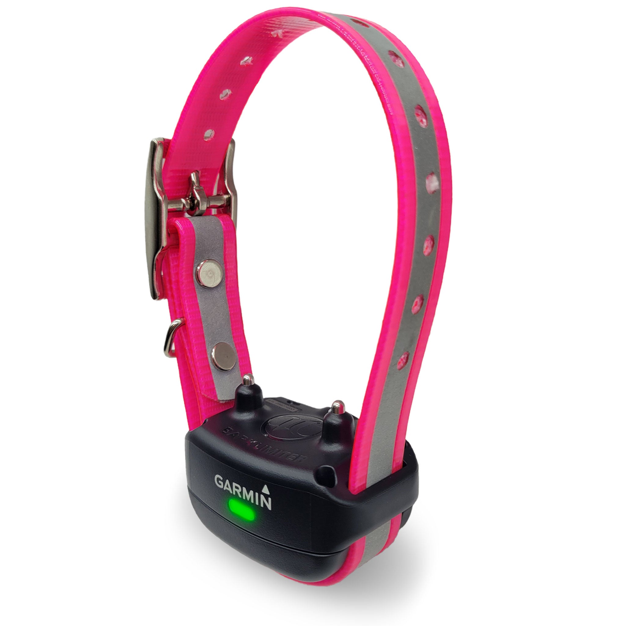 Garmin barklimiter dog collar with green light and pink reflective strap