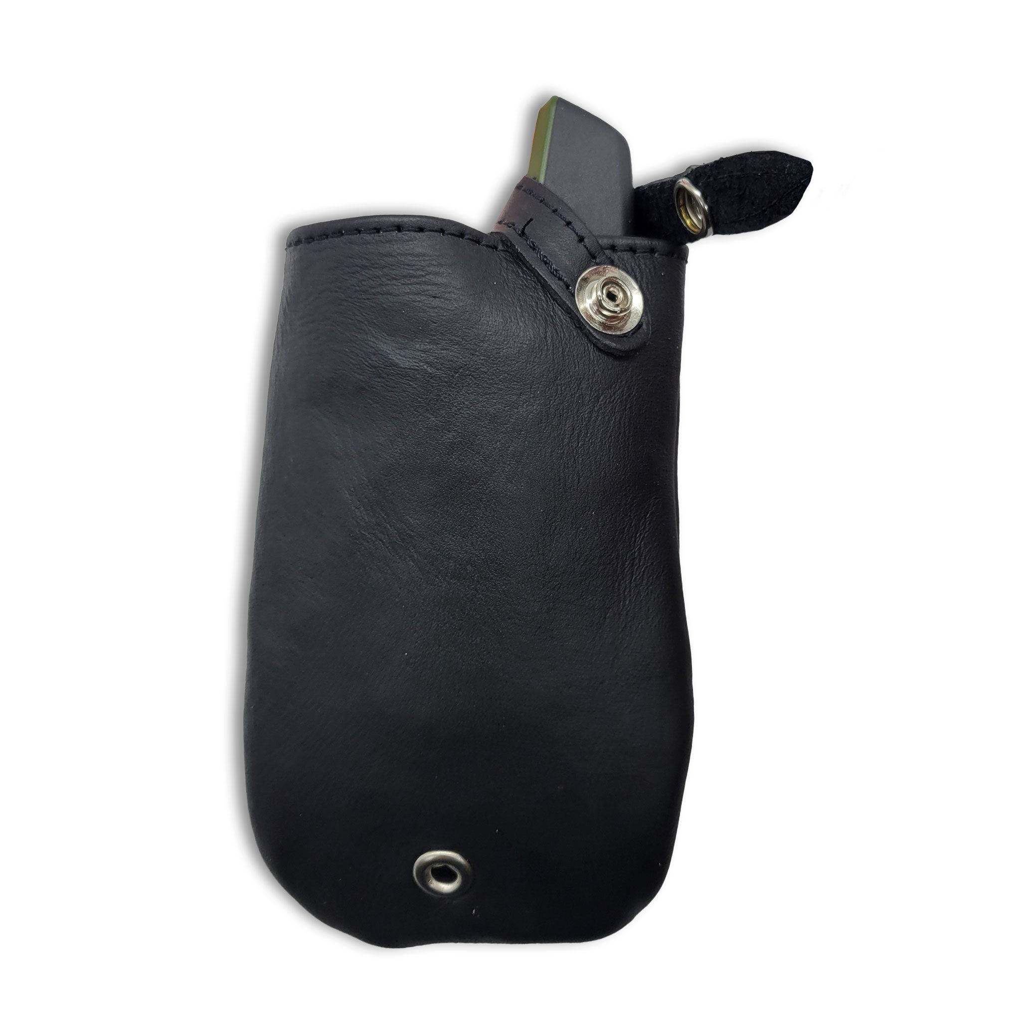 Black leather holster for Garmin Sport Pro handheld with metal clasps on a white background