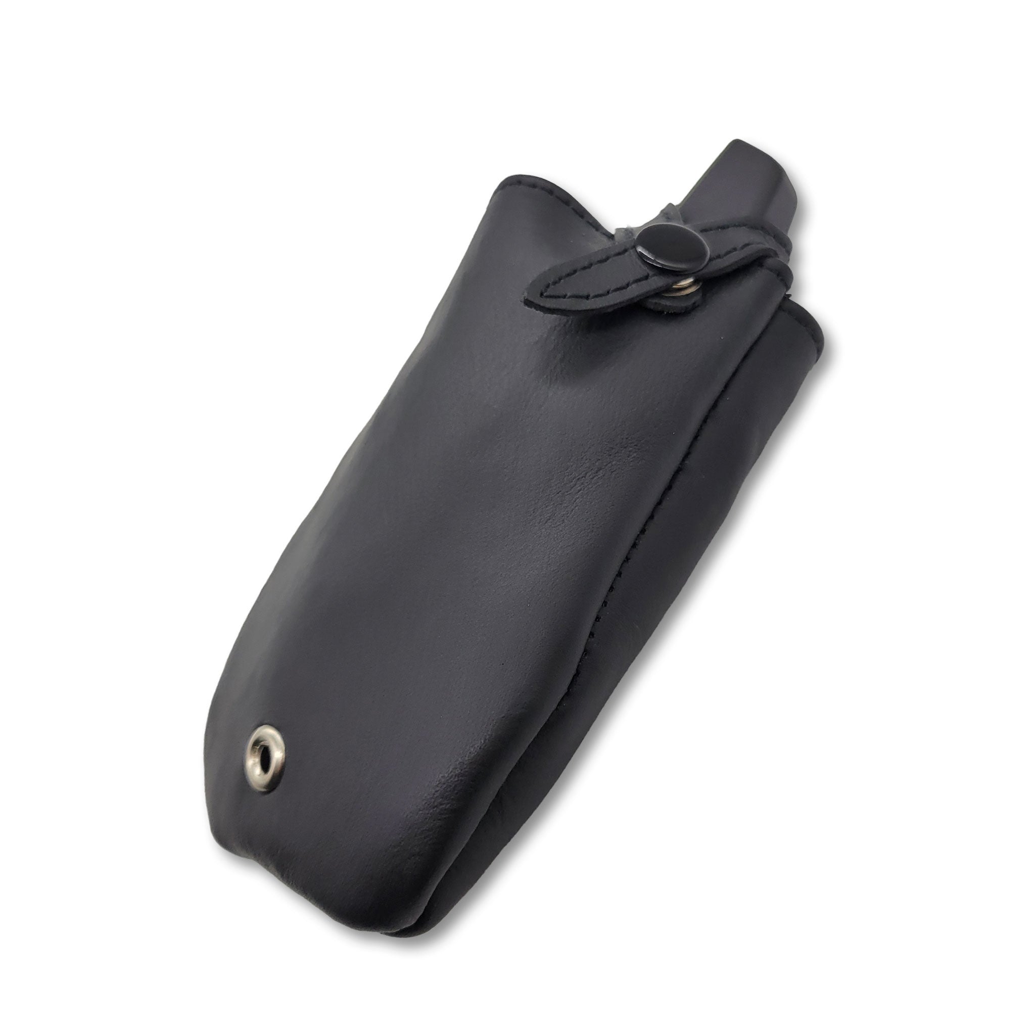 Black leather holster for Garmin Sport Pro handheld with strap on a white background