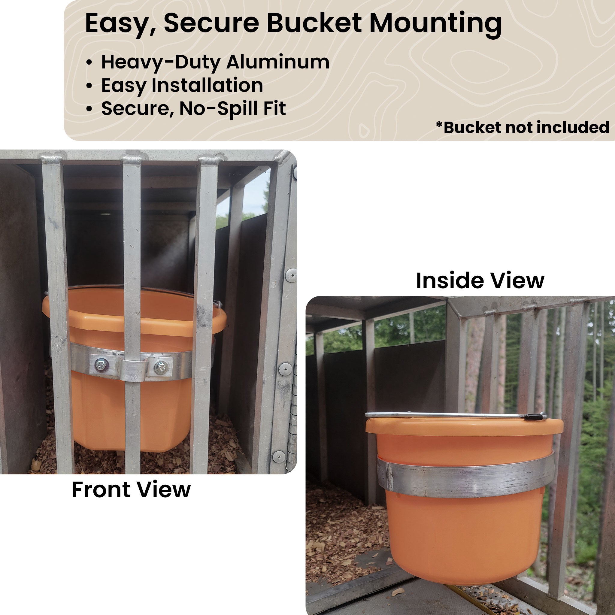 metal bucket holder with an orange 2 gallon bucket attached to a dog box