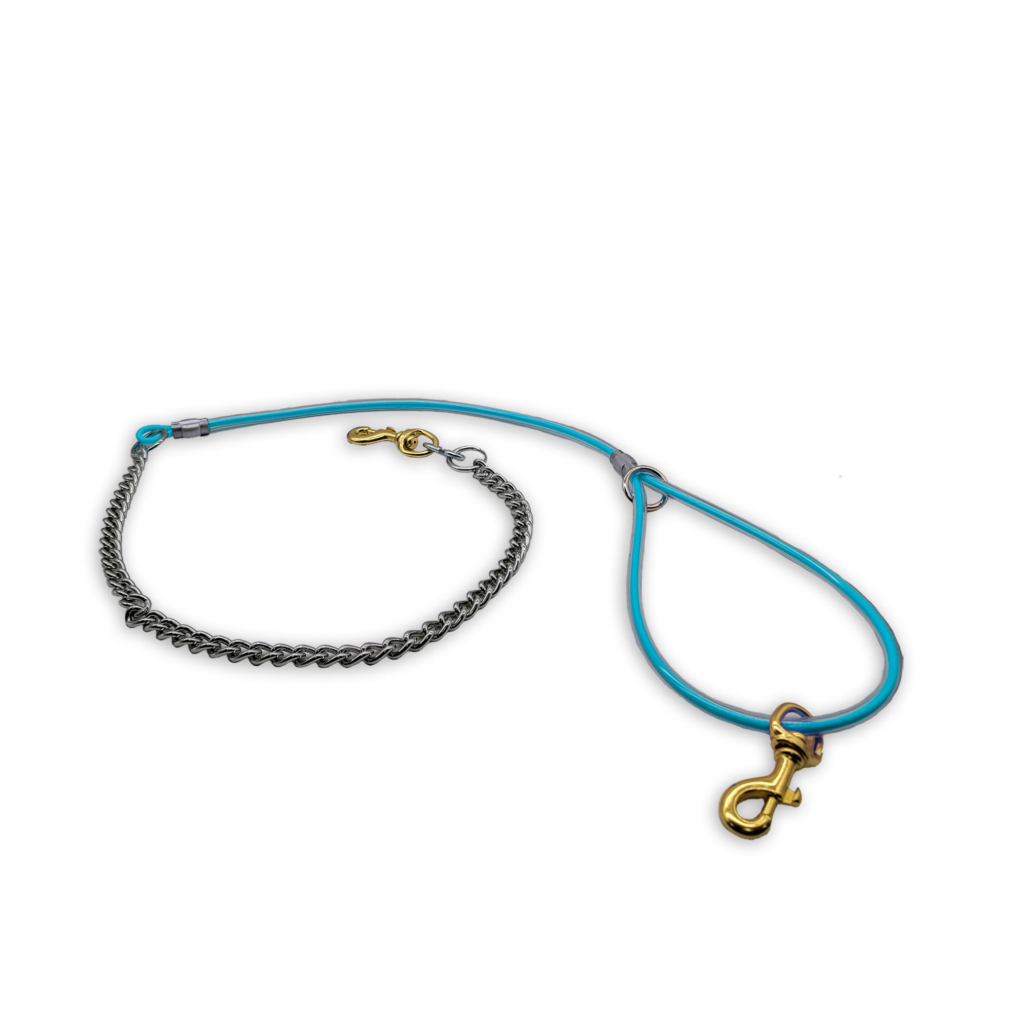 5 ft cable and chain dog lead with swivel snaps, rust-resistant, clear-coated, made in USA- light blue