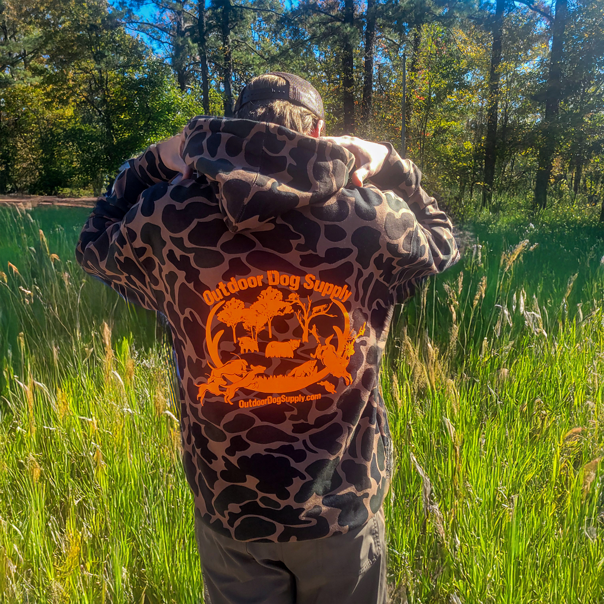 back logo of camo hoodie