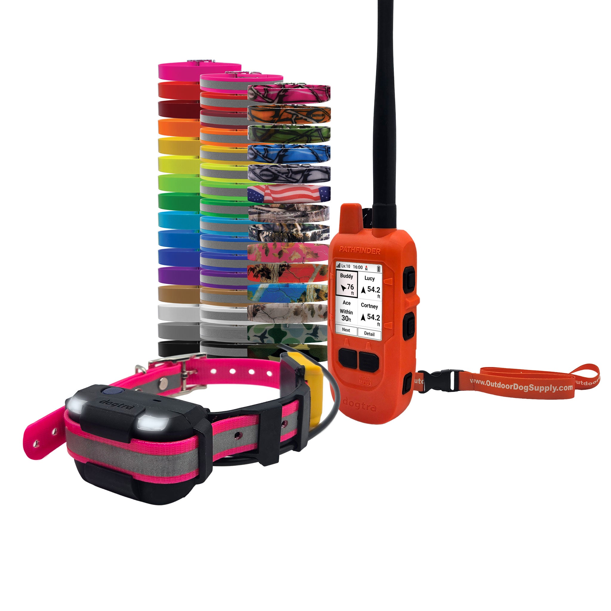 dogtra pathfinder2 mini collar on a reflective pink strap with the compass handheld with a orange lanyard that reads "www.OutdoorDogSupply.com" and a stack of collar colors behind the pathfinder2 mini collar