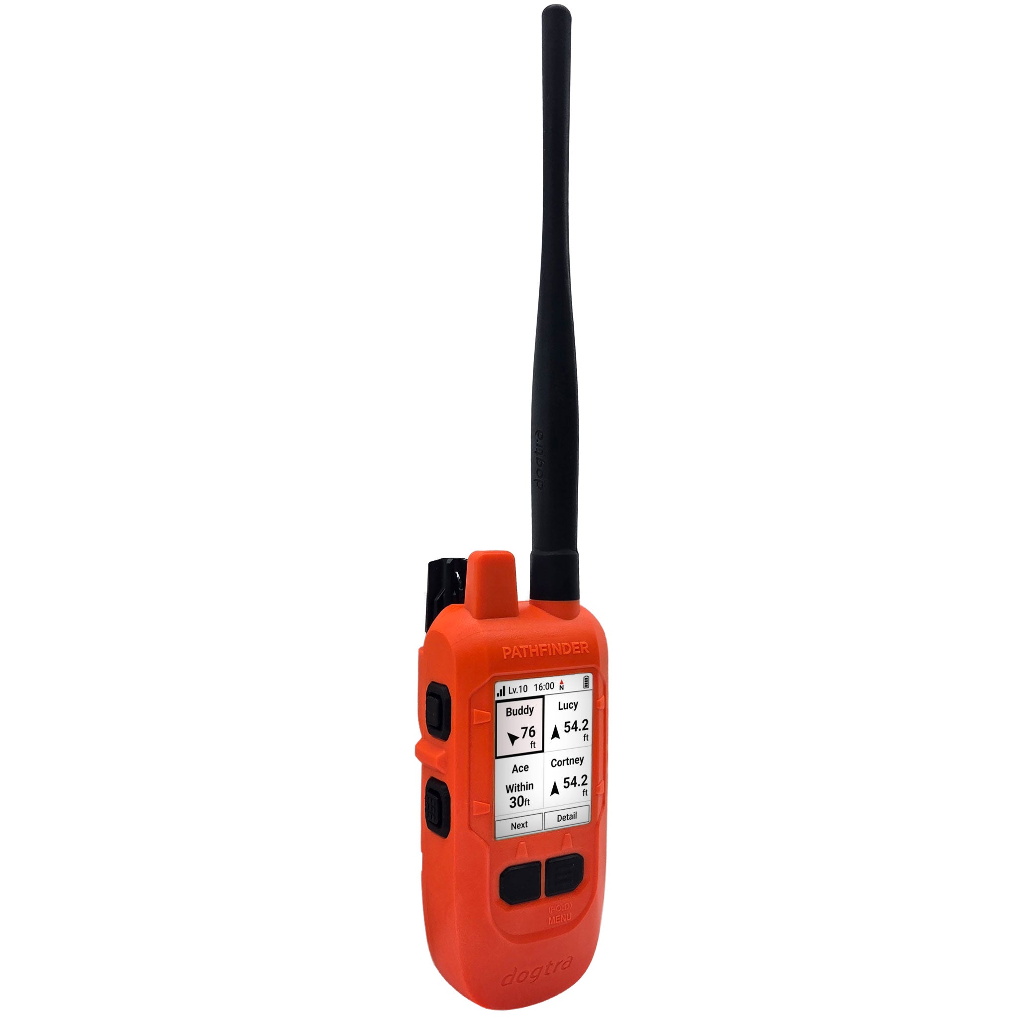 dogtra pathfinder2 compass handheld with 4 dog names, direction and distance for each dog on the screen