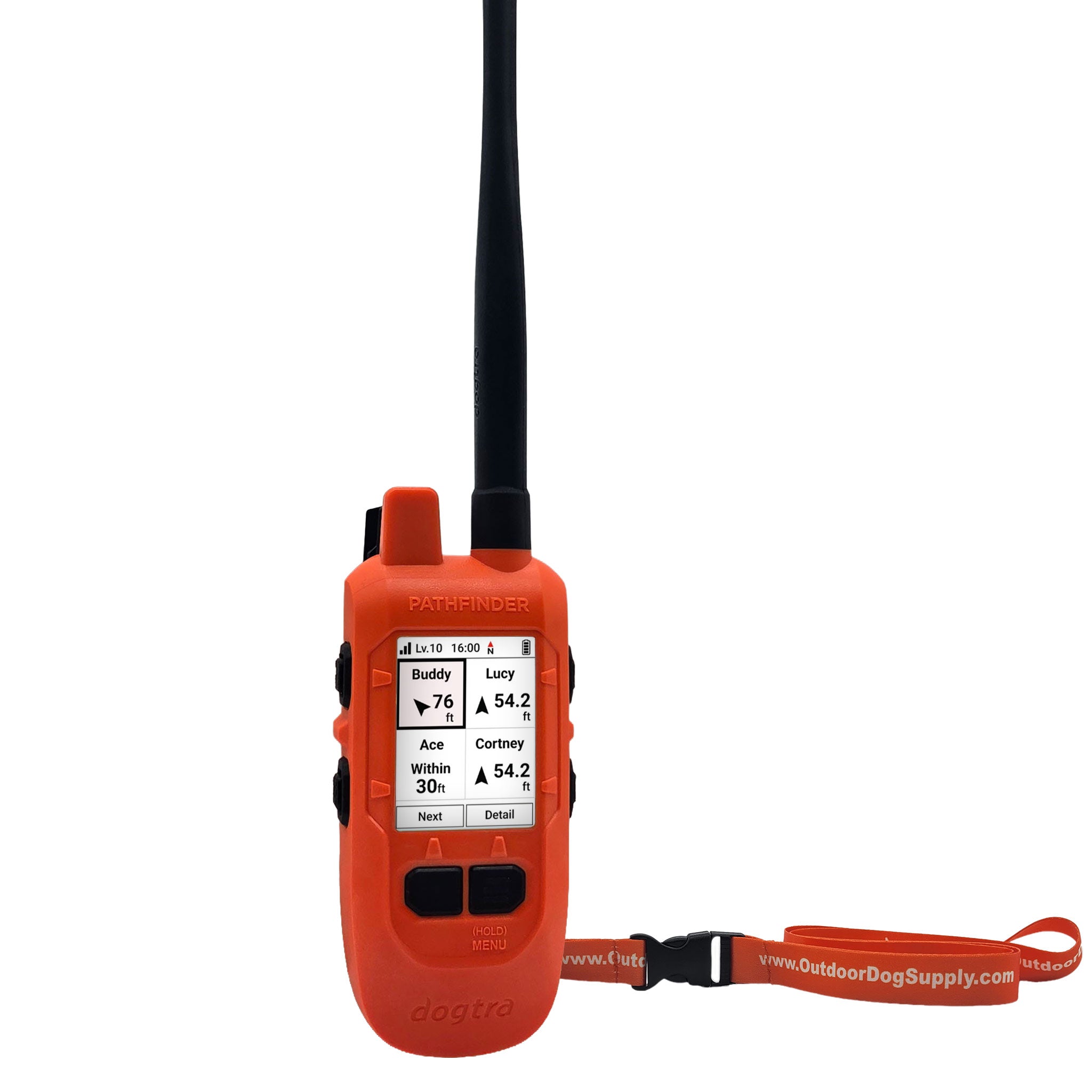 dogtra pathfinder2 compass handheld with an orange lanyard that reads "www.OutdoorDogSupply.com"