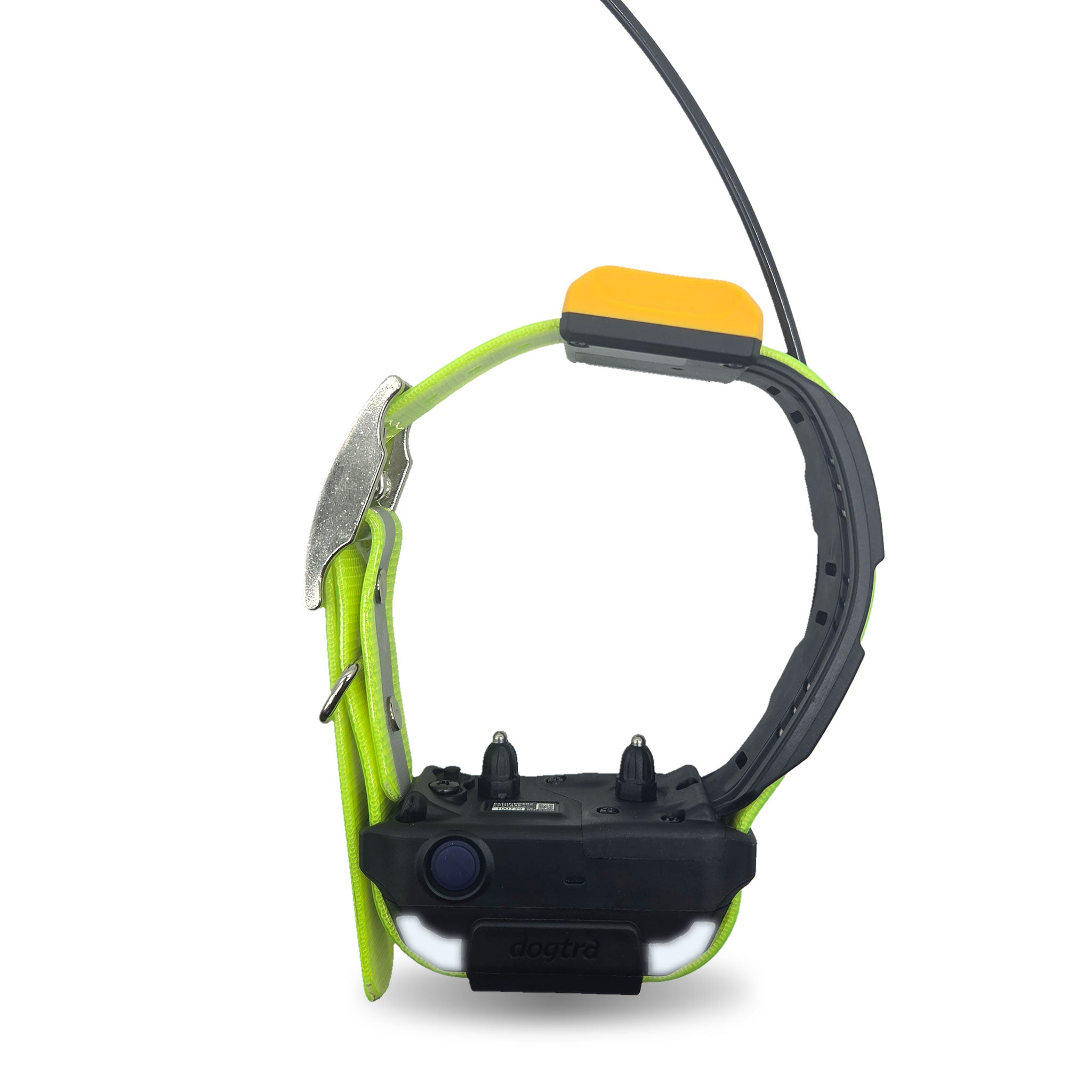 Dogtra Pathfinder2 collar on a reflective yellow strap