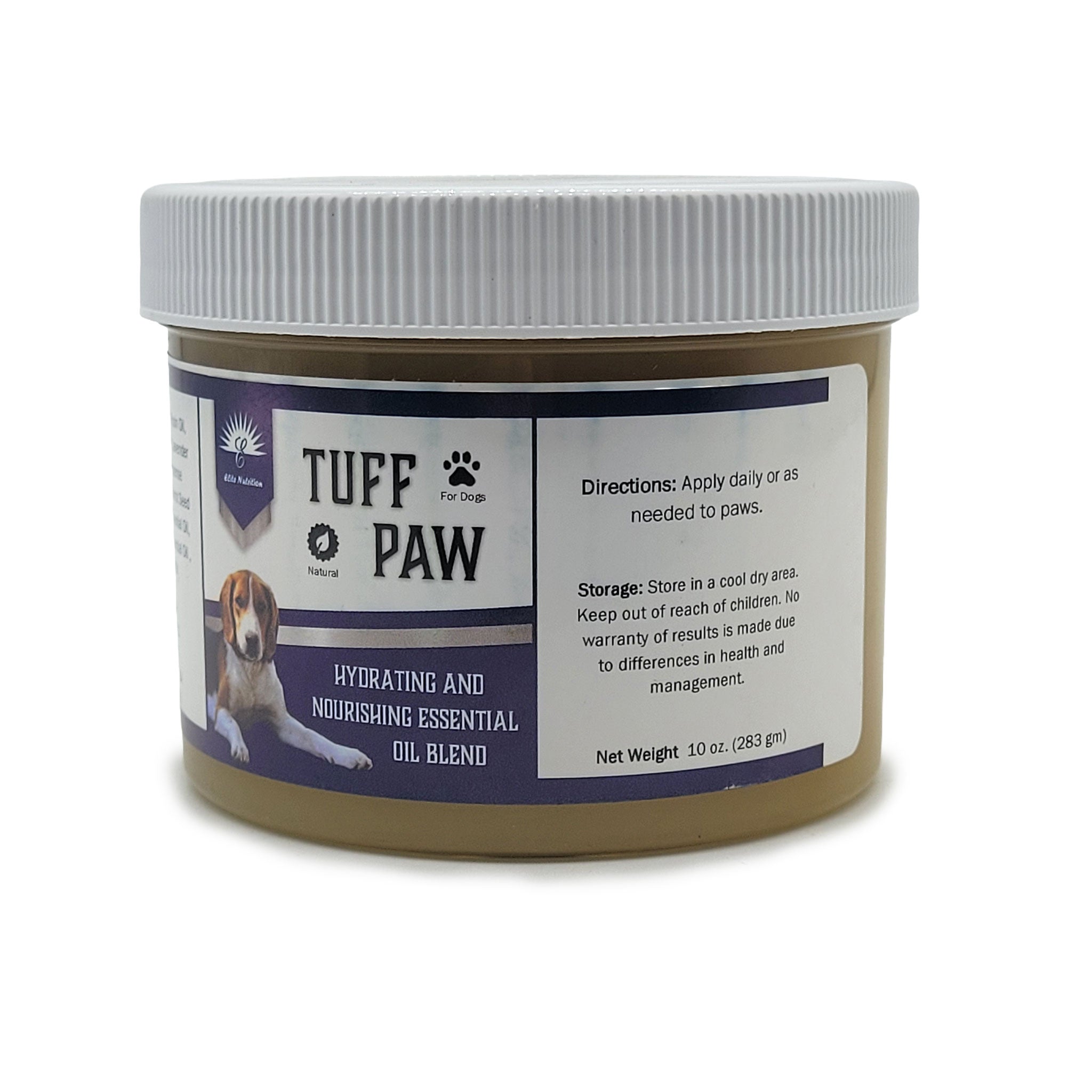 A jar of Tuff Paw Hydrating and Nourishing Essential Oil Blend for dogs, featuring a white ribbed lid and a label with a dog photo and directions on a white background.