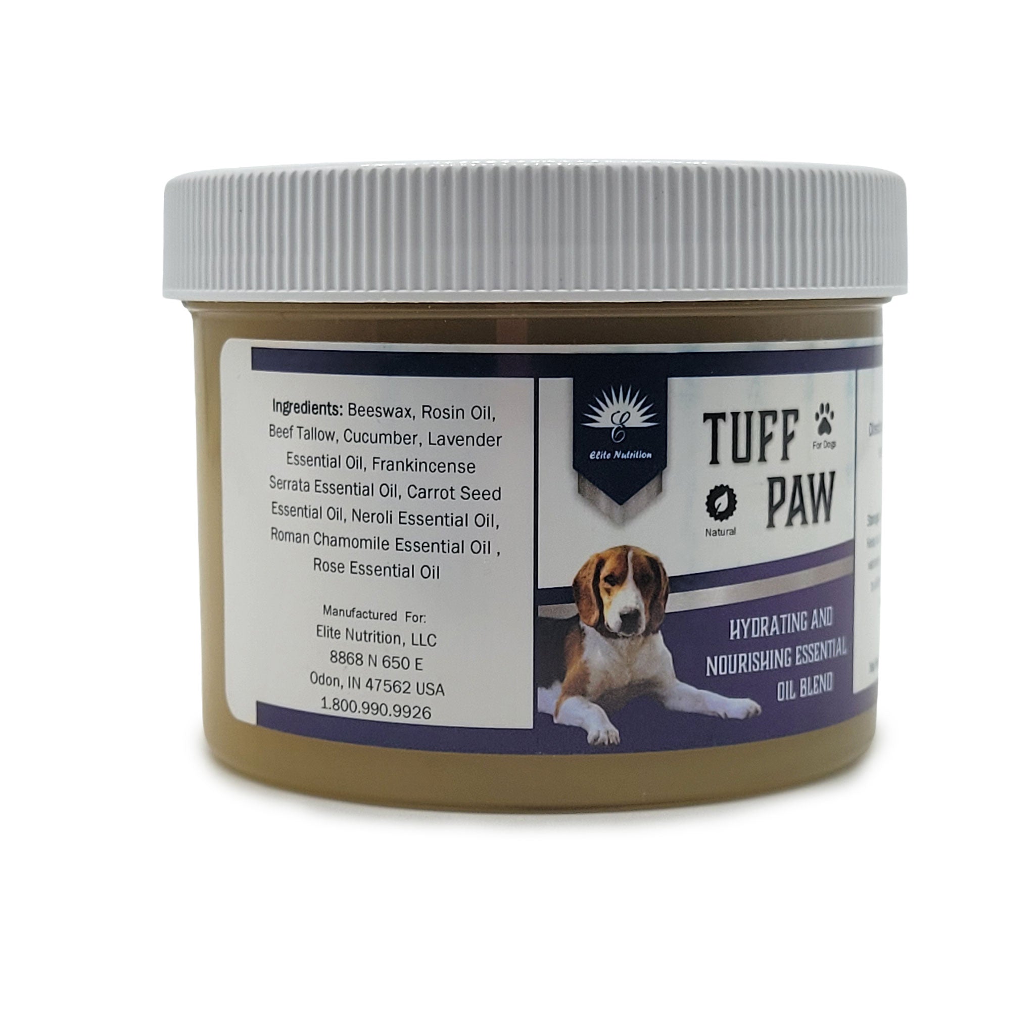 A jar of Tuff Paw dog essential oil blend by Elite Nutrition, featuring a white ribbed lid and a label with a beagle photo and a list of ingredients, set against a plain white background.