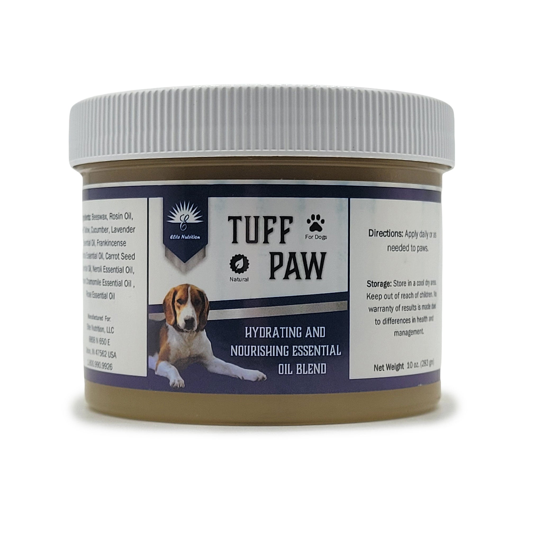 A jar of Tuff Paw Dog Hydrating and Nourishing Essential Oil Blend by Elite Nutrition, featuring a white ribbed lid and a label with a beagle photo on a white background.