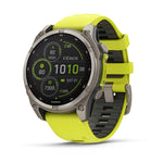 fenix 8 47 mm Solar Sapphire Titanium Face with Amp Yellow Graphite Silicone Band front facing showing menu screen and  time