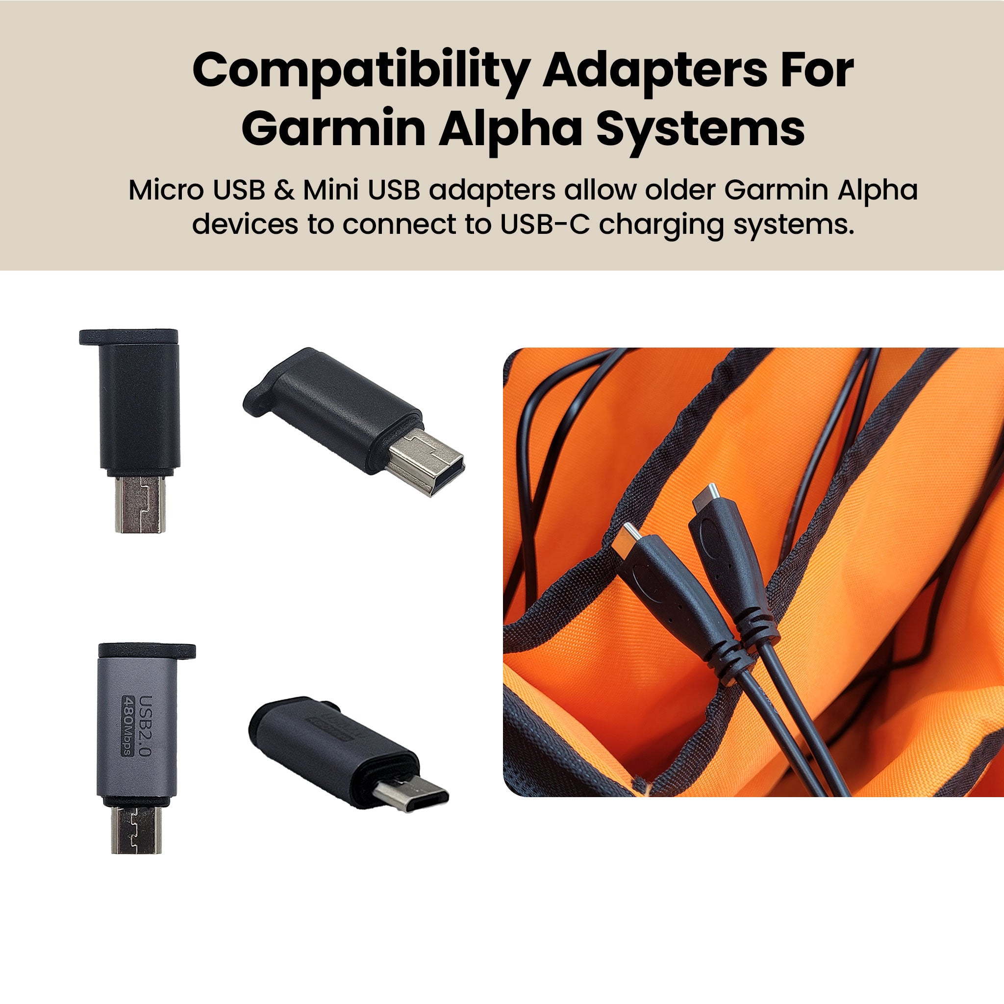 Micro USB and Mini USB adapters for the Houndsman Charging and Travel Bag
